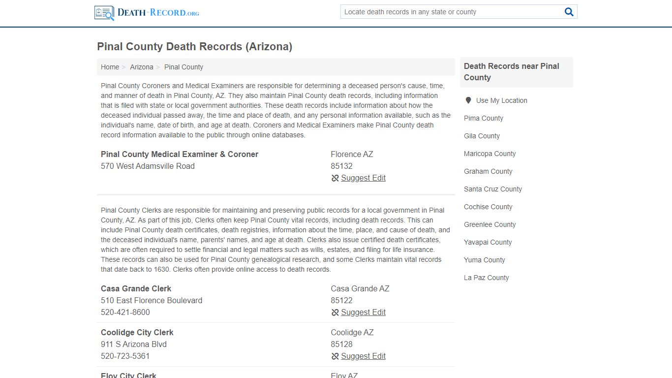 Pinal County Death Records (Arizona)