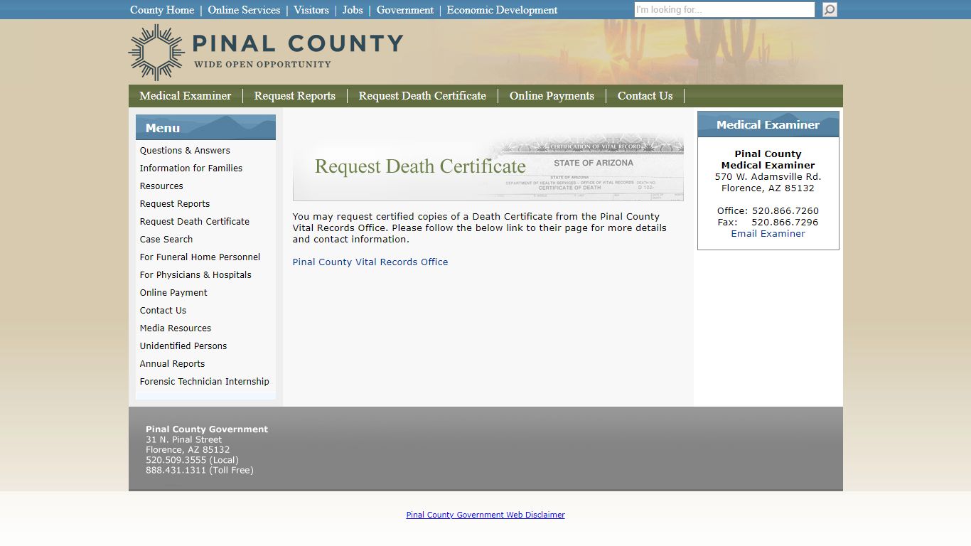 Request Death Certificate - Pinal County